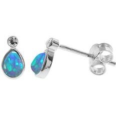 Silver, blue opalique and cubic zirconia small teardrop stud earrings