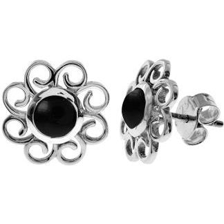 Silver & black onyx flower stud earrings