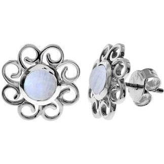 Silver & rainbow moonstone flower stud earrings