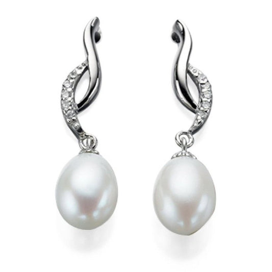 Silver, Cubic Zirconia and Freshwater Pearl twisted drop Earrings