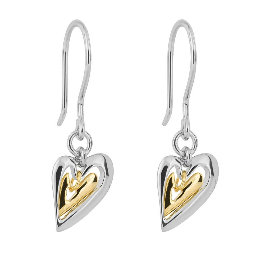 Silver And Gold Plated detail Heart Shaped Drop Earrings