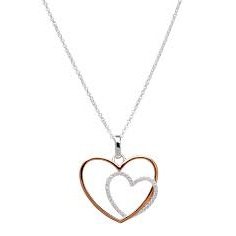 Silver, rose gold detail and cubic zirconia heart pendant